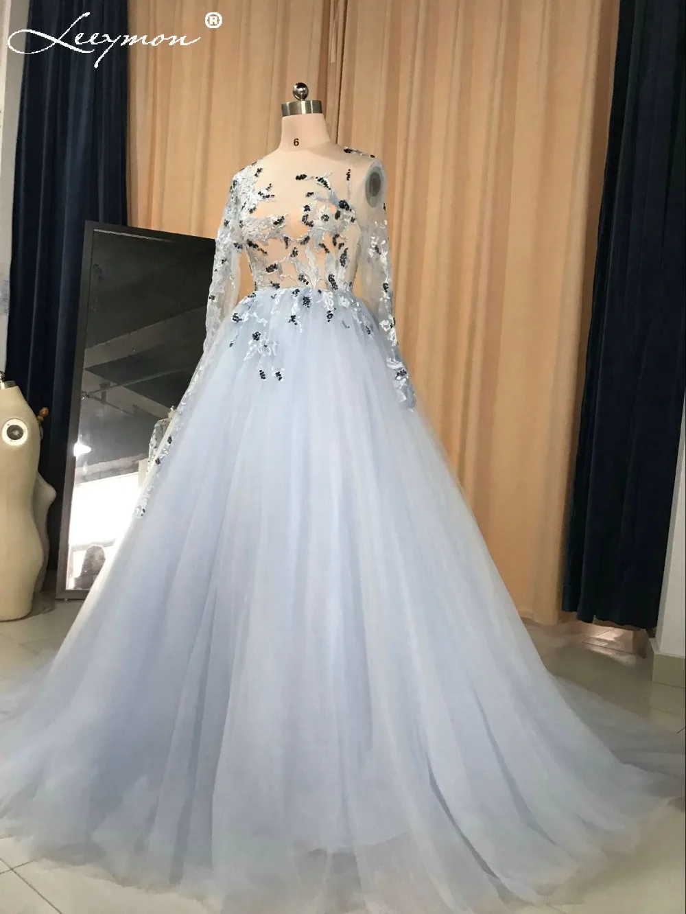 Real Fashion Sexy Light Blue Tulle Long Lace Wedding Dress Full Sleeves